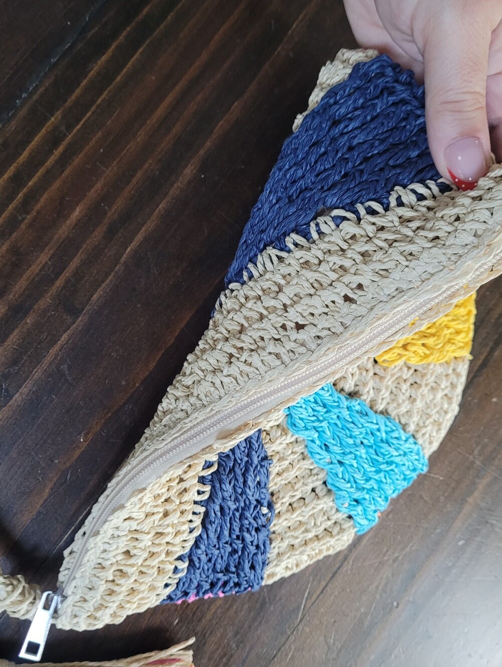 Uncharted Threads Tan Pink Blue  Rainbow Paper Straw-look Woven Crossbody Bag - Picture 11 of 12
